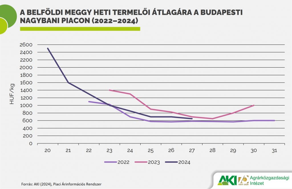 A belföldi meggy heti termelői átlagára a Budapesti Nagybani Piacon (2022–2024)