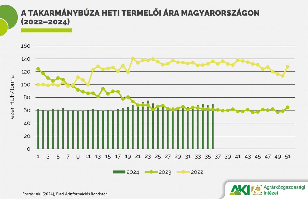 A takarmánybúza heti termelői ára Magyarországon (2022–2024)