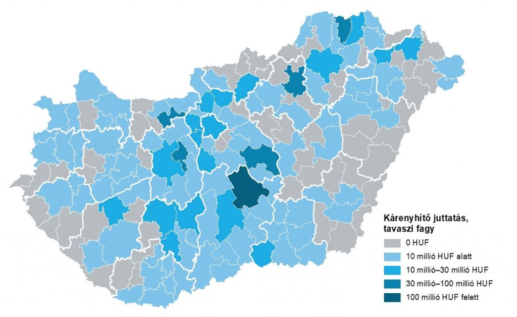 Tavaszi fagykárra kifizetett kárenyhítő juttatás járásonkénti alakulása 2023-ban